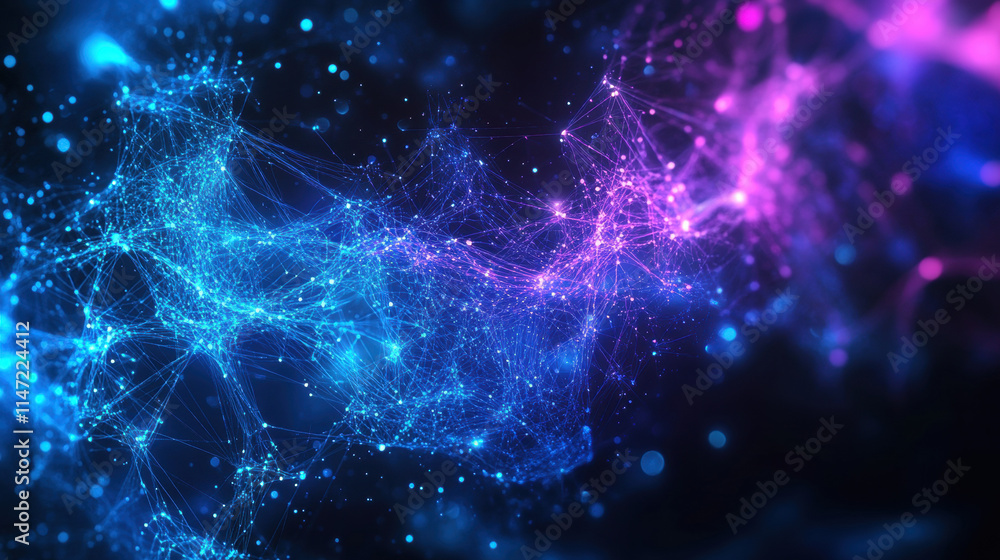 Fototapeta premium Abstract background with blue and purple glowing connections on a dark space, a technology concept for digital network connection
