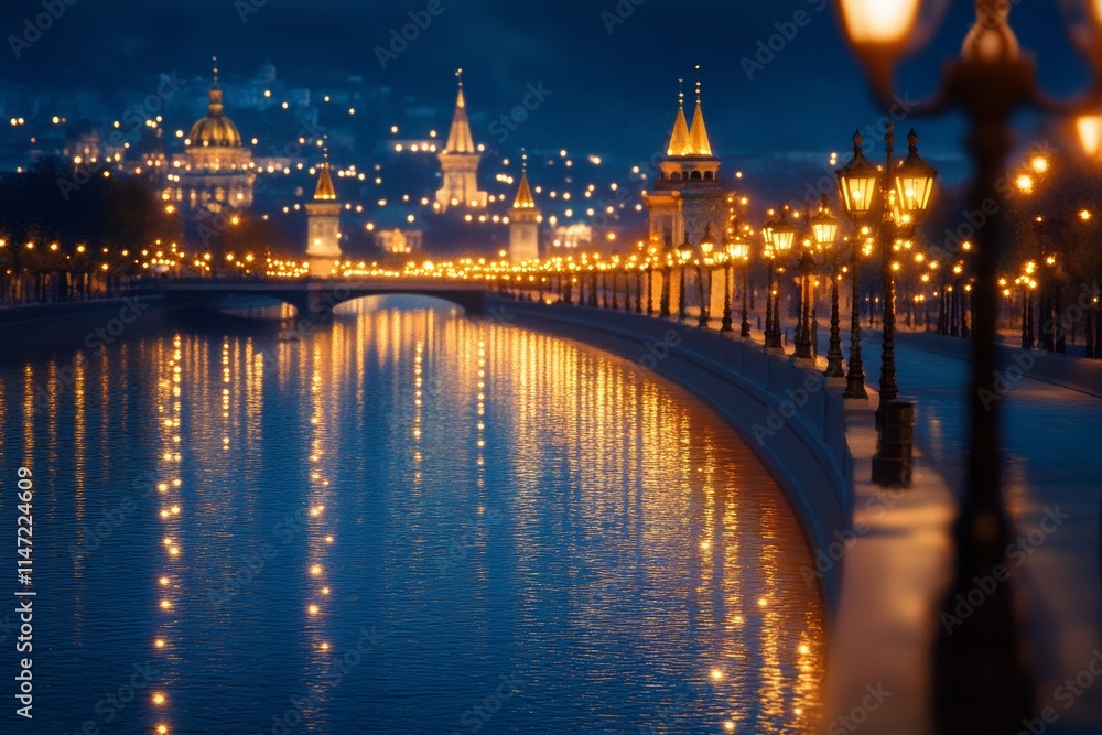Fototapeta premium A serene night view of a cityscape with illuminated bridges and reflections on the water.
