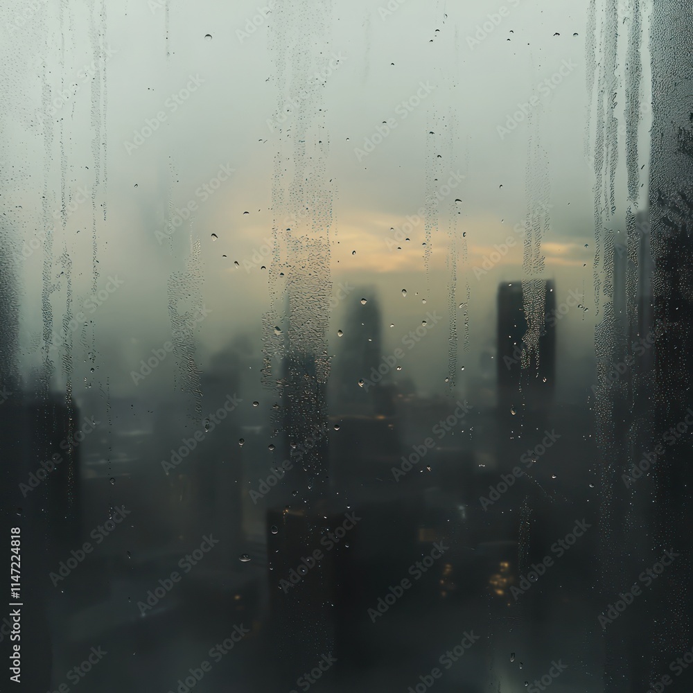 Raindrop textures over a foggy glass backdrop with blurred landscapes. Raindrop textures over a foggy glass backdrop with blurred landscapes.