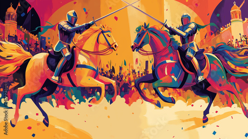 Vibrant Cartoon-Style Illustrations of Jousting Knights on Horses in a Colorful Arena