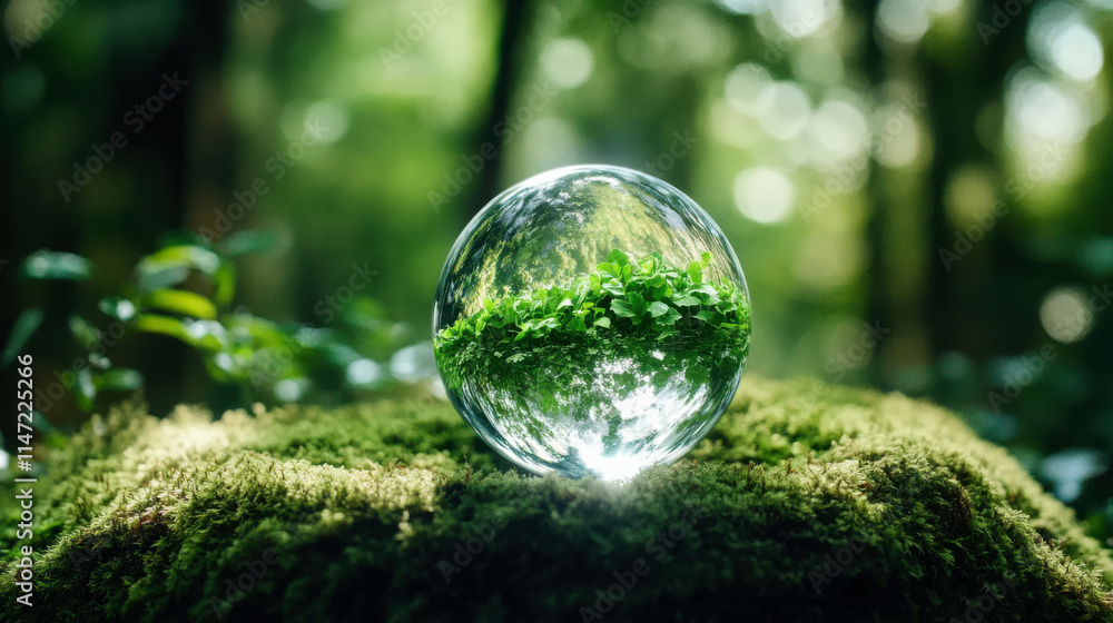 There is a glass ball on the grass in the forest There is a glass ball on the grass in the forest