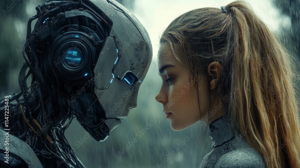 Close-up of a human-like robot and woman in emotional moment Close-up of a human-like robot and woman in emotional moment