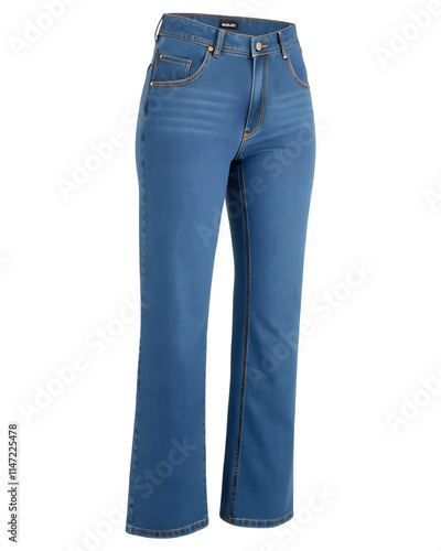 A fashion model wearing high-waisted flared jeans in a classic blue denim wash. The jeans feature a retro-inspired silhouette and a flattering fit. PNG photo