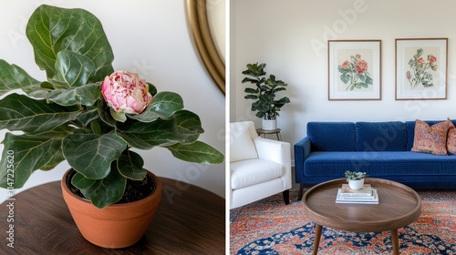 A fiddle leaf fig plant in a terracotta pot sits beside a blue velvet sofa in a living room with botanical prints. photo