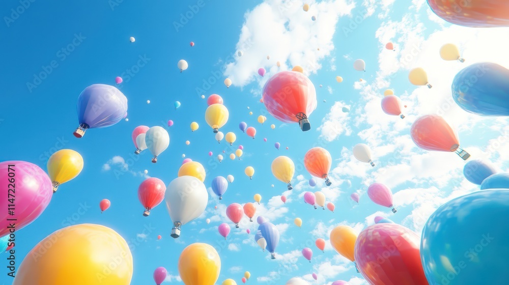 Fototapeta premium Colorful hot air balloons float in a bright blue sky.