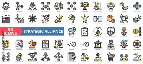 Strategic alliance icon collection set. Containing partnership, collaboration, joint venture, cooperative agreement, synergy, shared objective, mutual benefit icon. Simple flat outline vector