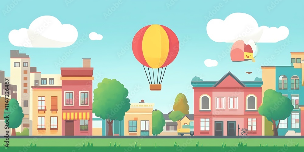 Colorful Cityscape With Hot Air Balloons Floating Above Colorful Cityscape With Hot Air Balloons Floating Above