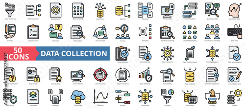 Data collection icon collection set. Containing gathering, acquisition, retrieval, sampling, points, set, primary icon. Simple flat outline vector illustration