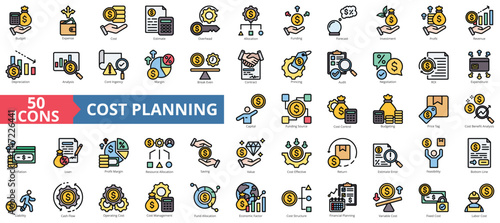Cost planning icon collection set. Containing budget, expense, investment, estimate, overhead, allocation, funding icon. Simple flat outline vector illustration