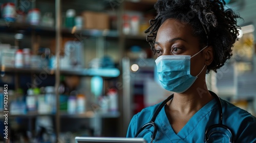 A healthcare professional working with an AI tool, ensuring patient privacy and ethical data use, with privacy policies displayed on a tablet photo