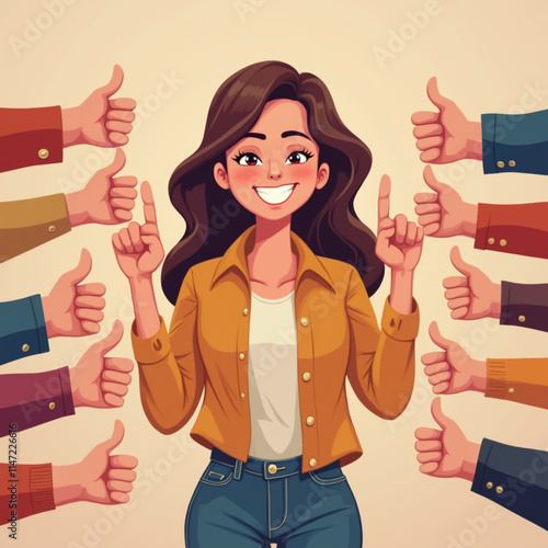 Public approval for a happy woman standing among positive gestures of support and acceptance. People support the blogger bride by expressing approval and sincere comments or agreeing.
