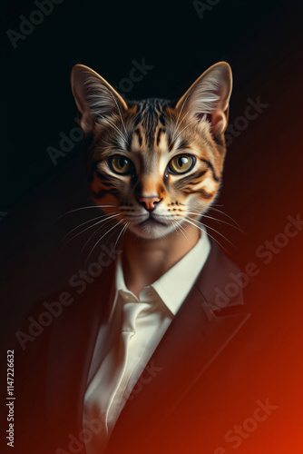 A Feline in a Suit: A Portrait of a Cat with a Human Body in a Dark Setting