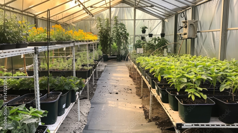 A high-tech greenhouse using sensors to monitor soil moisture, temperature, and humidity, ensuring optimal conditions with minimal resource use A high-tech greenhouse using sensors to monitor soil moisture, temperature, and humidity, ensuring optimal conditions with minimal resource use
