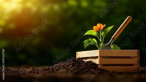 Gardening trowel in a wooden crate with a blooming flower in soil. Generative AI photo