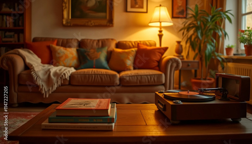 Cozy retro living room with record player, warm hues and soft light