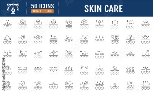 Skin Care Line Editable Icons set. Protection of the skin
from the sun, cold, moisture. Ray protection. Skin
restoration.Vector Illustration
