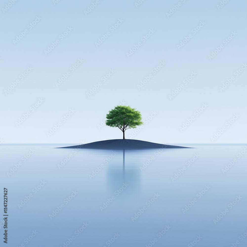 Lone Tree on an Island, Sprawling Roots Visible - Isolated and Majestic Lone Tree on an Island, Sprawling Roots Visible - Isolated and Majestic