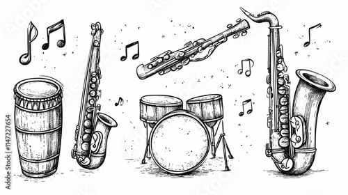 Hand-drawn illustration of jazz instruments: saxophone, drum set, conga, and clarinet, musical notes background photo