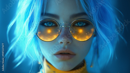 Portrait photograph of a blue haired girl full of life, captured from the front with soft natural light illuminating his features, fluorescent clothing, anime, cyberpunk, ArtStation photo