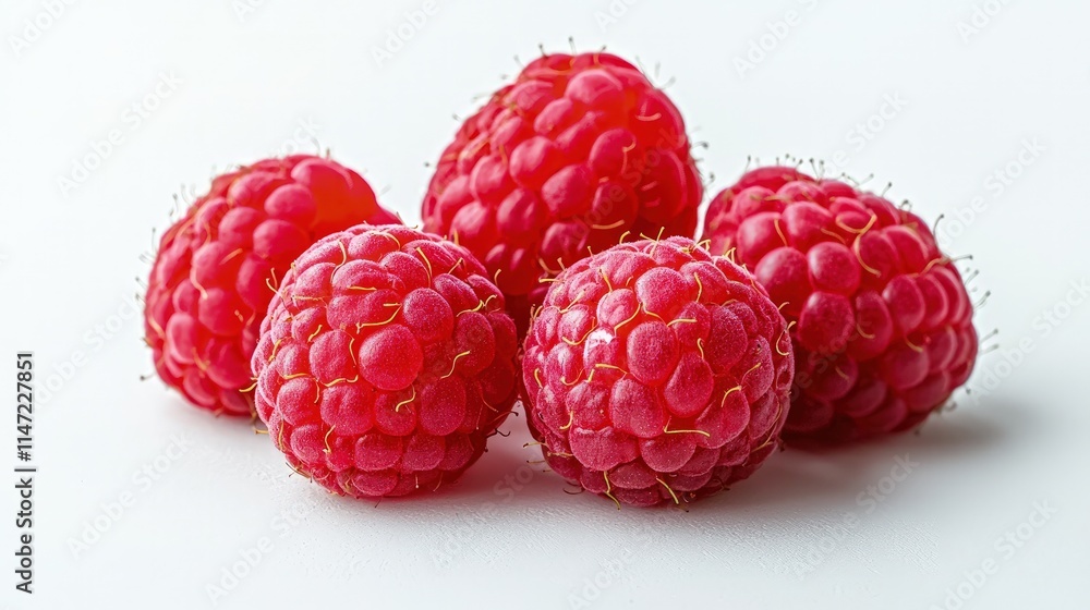 Five ripe red raspberries on white background. Five ripe red raspberries on white background.