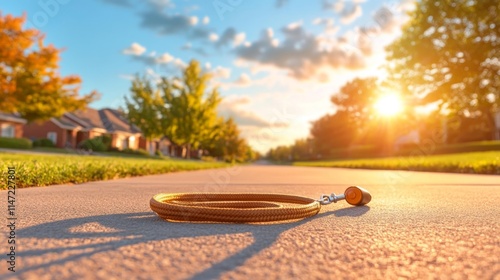Coiled Dog Leash on a Sunny Sidewalk. Generative AI