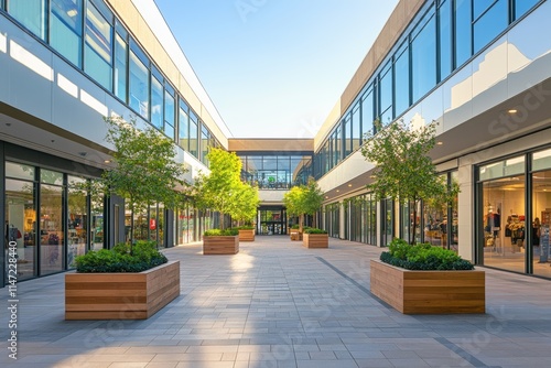 Wallpaper Mural A modern shopping plaza with glass storefronts and landscaped planters. Torontodigital.ca