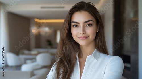 Free Download Stylish interior featuring a white sofa and a confident woman in a modern living space - GFXLoad