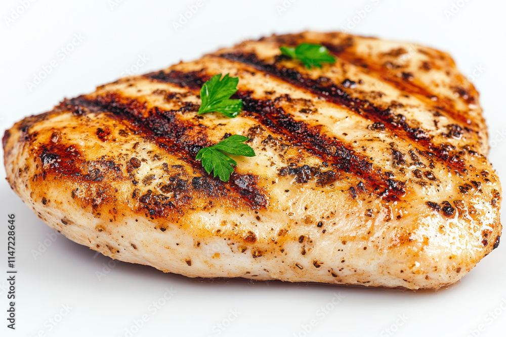 A piece of grilled chicken with a sprig of parsley on top A piece of grilled chicken with a sprig of parsley on top