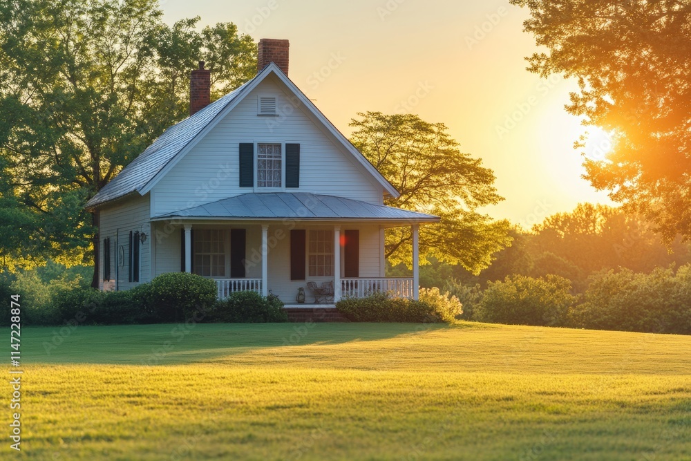 A serene house at sunset surrounded by lush greenery and open fields. A serene house at sunset surrounded by lush greenery and open fields.