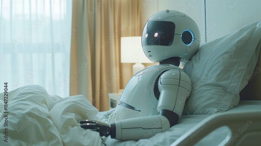 A medical robot equipped with AI diagnosing a patient in a hospital room, illustrating the advancement of smart healthcare technology A medical robot equipped with AI diagnosing a patient in a hospital room, illustrating the advancement of smart healthcare technology