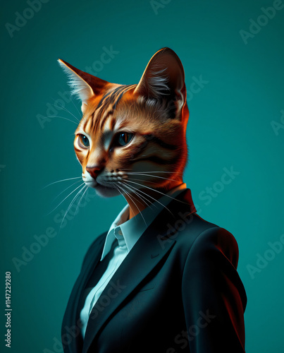 A Feline CEO: Business Cat in a Sharp Suit, Teal Background Portrait