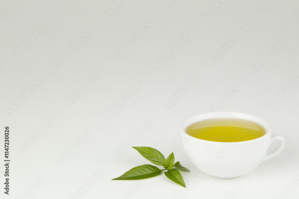 A white cup with a green leaf next to it A white cup with a green leaf next to it