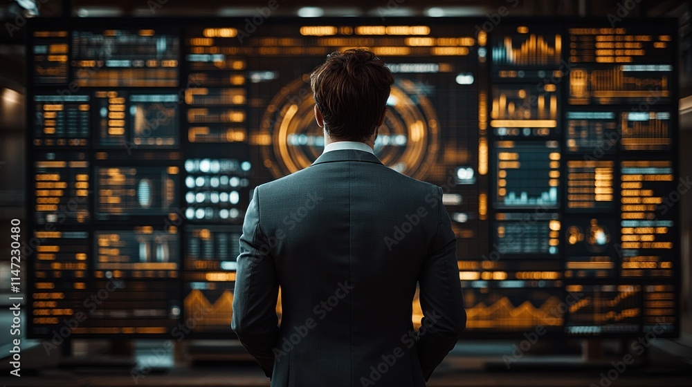 Businessman analyzing data on large screen. Businessman analyzing data on large screen.