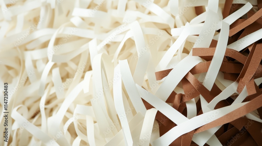 artistic arrangement of paper strips, mixed cream and brown shredded materials, environmental photography, textural detail, sustainability theme, industrial waste transformation, studio lighting, artistic arrangement of paper strips, mixed cream and brown shredded materials, environmental photography, textural detail, sustainability theme, industrial waste transformation, studio lighting,