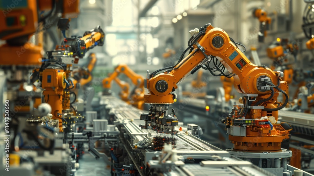 A recycling plant with conveyor belts and robotic arms sorting plastic, metal, and glass for sustainable waste management A recycling plant with conveyor belts and robotic arms sorting plastic, metal, and glass for sustainable waste management