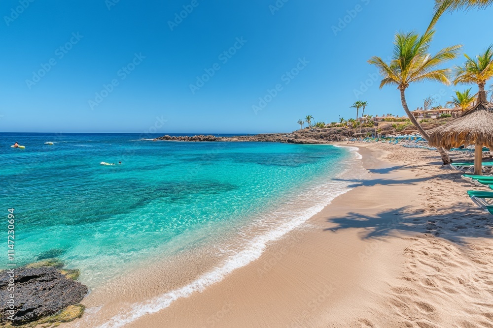 A serene beach scene with clear turquoise water, soft sand, and palm trees under a bright sky. A serene beach scene with clear turquoise water, soft sand, and palm trees under a bright sky.