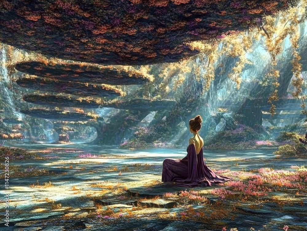 A serene figure in a mystical landscape surrounded by lush flora and ethereal light. A serene figure in a mystical landscape surrounded by lush flora and ethereal light.