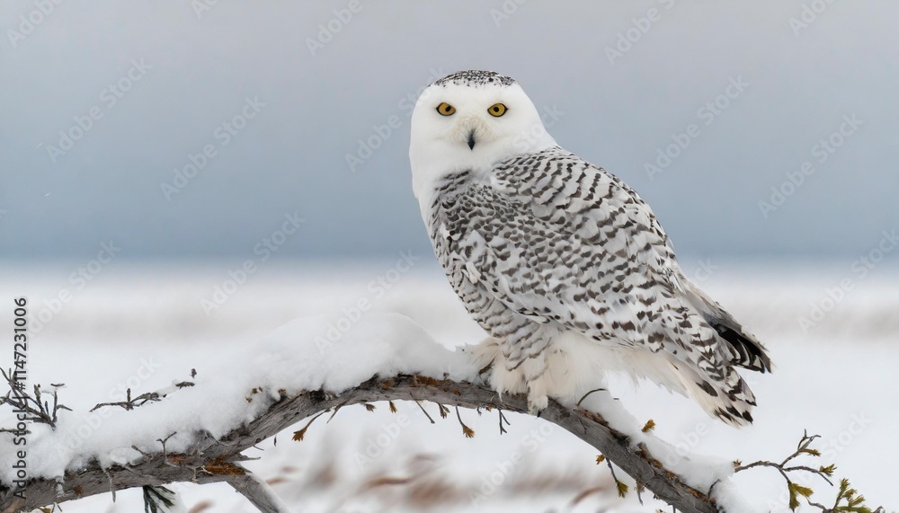 Fototapeta premium Snowy Owl Perched on a Snowy Branch in the Arctic Tundra