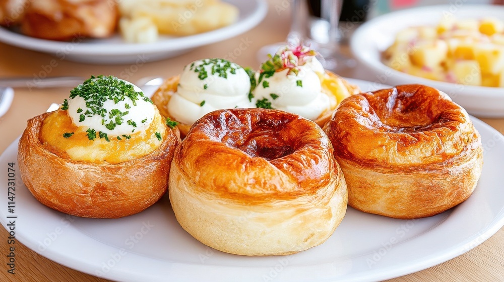 Close-up of golden Yorkshire puddings topped with creamy filling, diced tomatoes, crispy bacon, and fresh parsley on a wooden board. Close-up of golden Yorkshire puddings topped with creamy filling, diced tomatoes, crispy bacon, and fresh parsley on a wooden board.