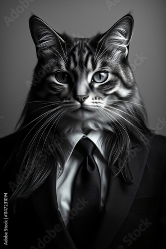 A Dapper Cat in a Suit: Monochrome Portrait of a Feline Gentleman