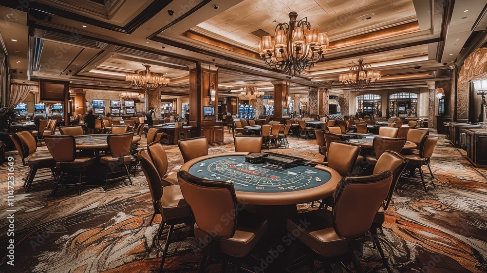 Fototapeta premium Luxurious casino interior with gaming tables, chandeliers, and ornate decor.