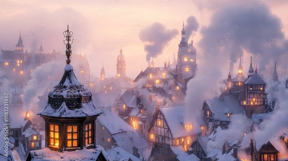 Magical snowy town at sunrise, glowing windows, smoke rising from chimneys, fairytale winter scene. Magical snowy town at sunrise, glowing windows, smoke rising from chimneys, fairytale winter scene.