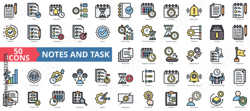 Notes and task icon collection set. Containing reminder, priority, deadline, completed, calendar, schedule, notification icon. Simple flat outline vector illustration