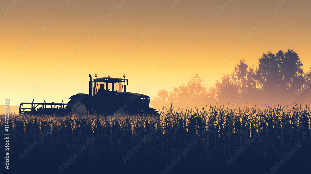 Naklejka premium A tractor moving through a cornfield at dawn, with soft morning light illuminating the plants. Illumine. Illustration
