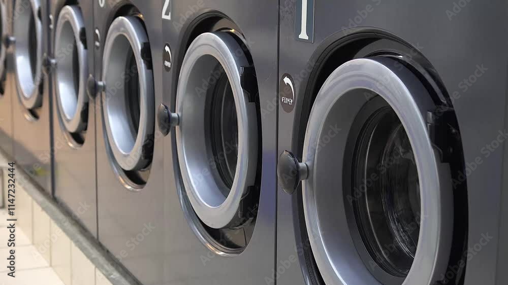 A clean and organized row of industrial washing machines in a modern laundromat, showcasing efficiency and practicality in a public space. A clean and organized row of industrial washing machines in a modern laundromat, showcasing efficiency and practicality in a public space.