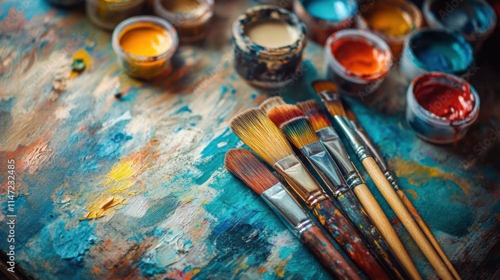 Fototapeta premium Creative workspace with artist brushes, vibrant paints, and blank canvases for inspiring artistic expression. Generative AI