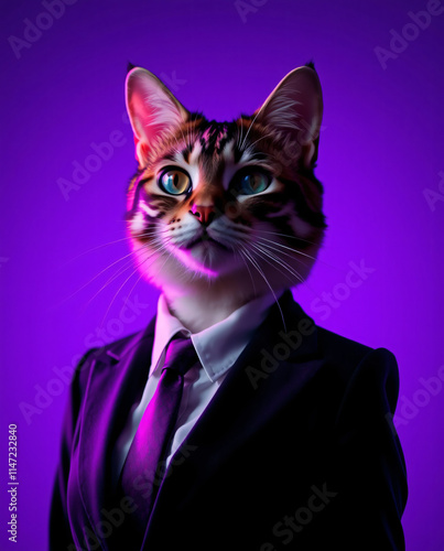 A Dapper Cat in a Purple Suit: Feline CEO in a Neon-Lit Studio Portrait photo