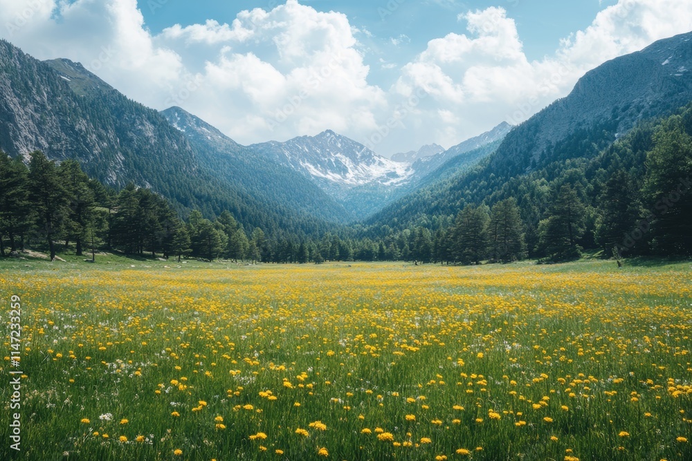 Fototapeta premium A serene landscape featuring a vibrant meadow surrounded by mountains and a blue sky.