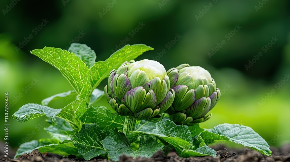 Two young artichokes growing in a garden. Two young artichokes growing in a garden.