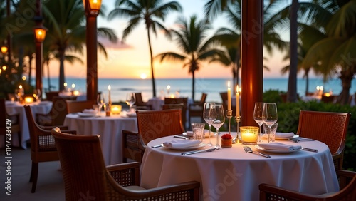 An outdoor restaurant at a luxury resort with candlelit tables by the sea photo